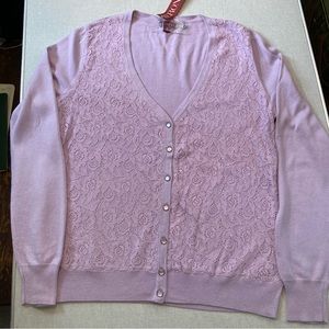 Merona, Woman’s Large, Lace Front,  Lilac color, cotton/rayon Cardigan NWT